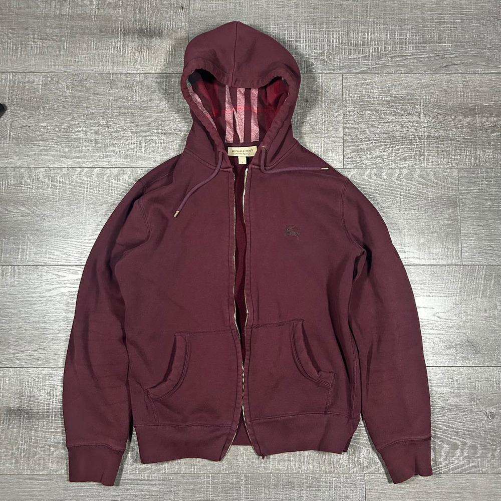 Burberry Mens Full Zip Hoodie Burgundy Check Lined Hood Logo size M
